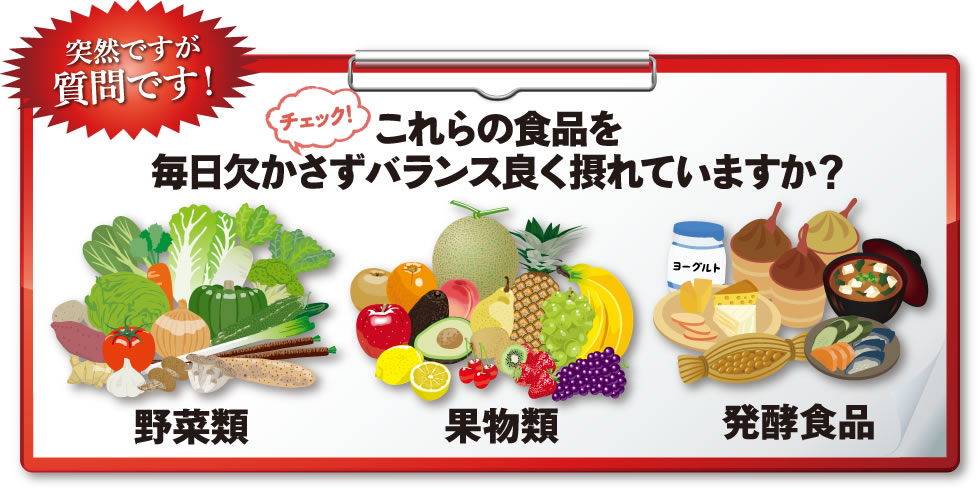 突然ですが質問です！これらの食品を毎日欠かさずバランス良く摂れていますか？野菜類　果物類　発酵食品