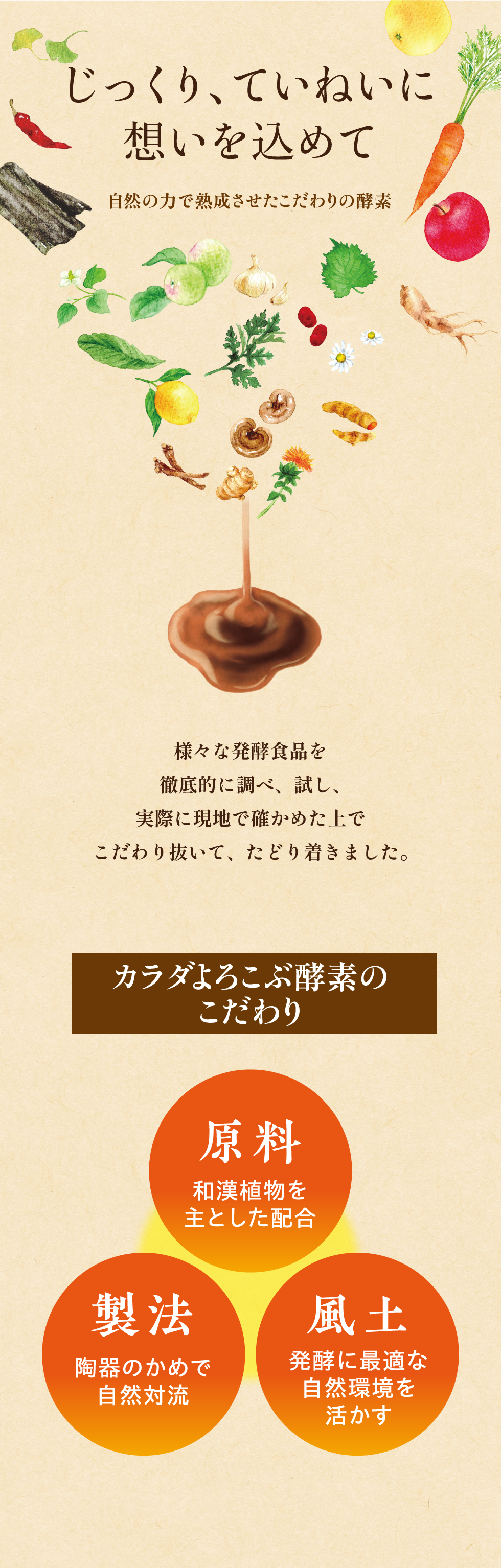 じっくり、ていねいに想いを込めて。自然の力で熟成させたこだわりの酵素