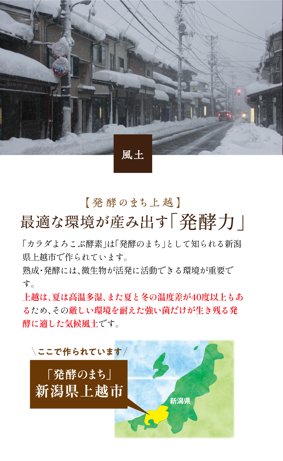 カラダよろこぶ酵素は発酵のまちとして知られる新潟県上越市で作られています。